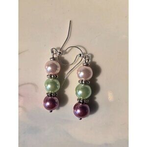 Handmade Dangle‎ Earrings With Pink Green & Purple Faux Pearl Beads